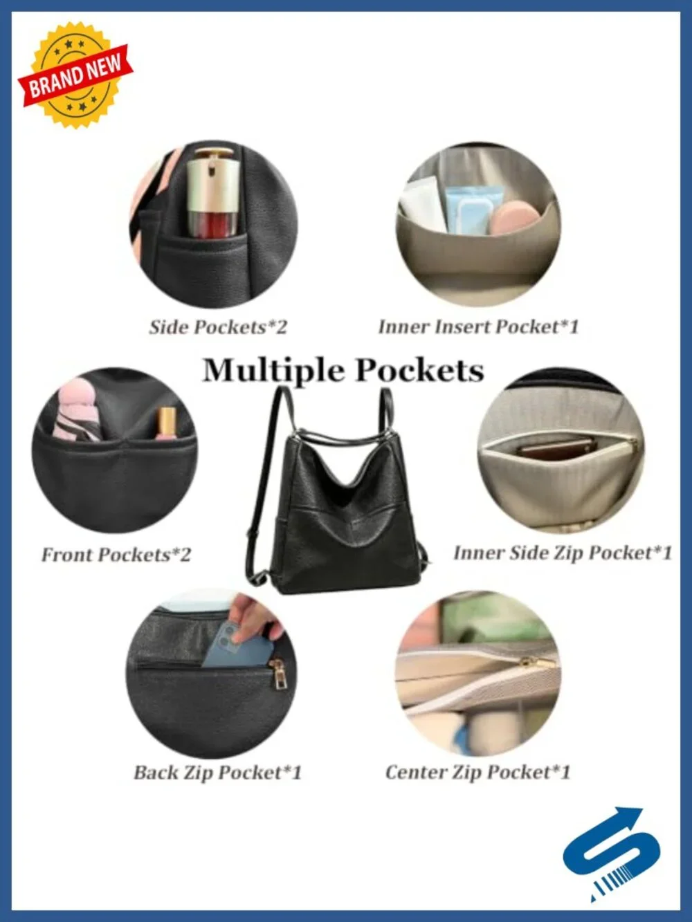 4-in-1 Convertible Backpack Purse for Women, PU Leather, Adjustable Strap